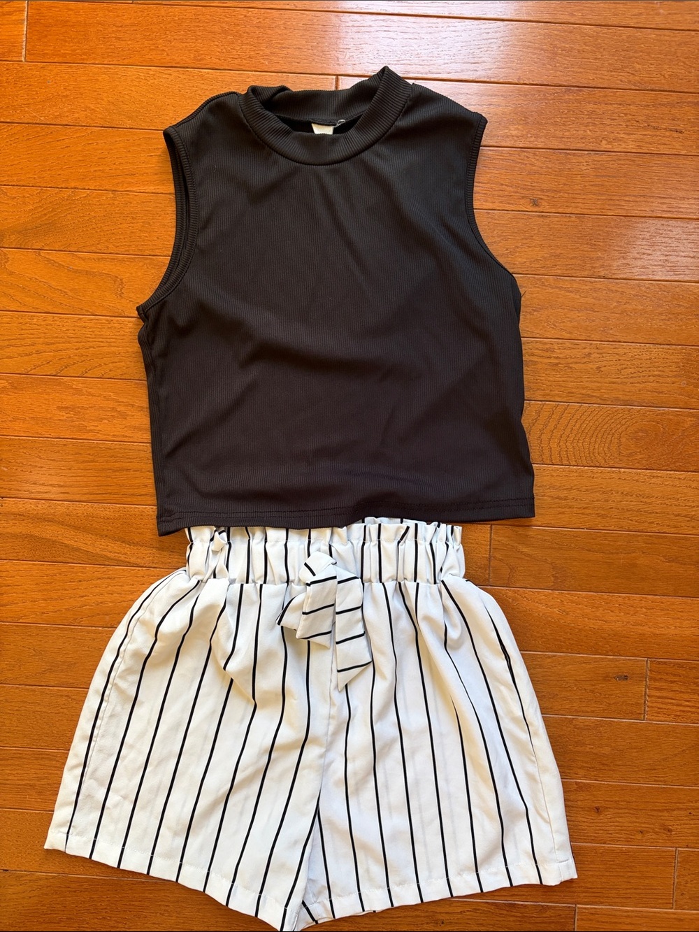 Black Sleeveless Crop Top & White Striped Paperbag Shorts Set